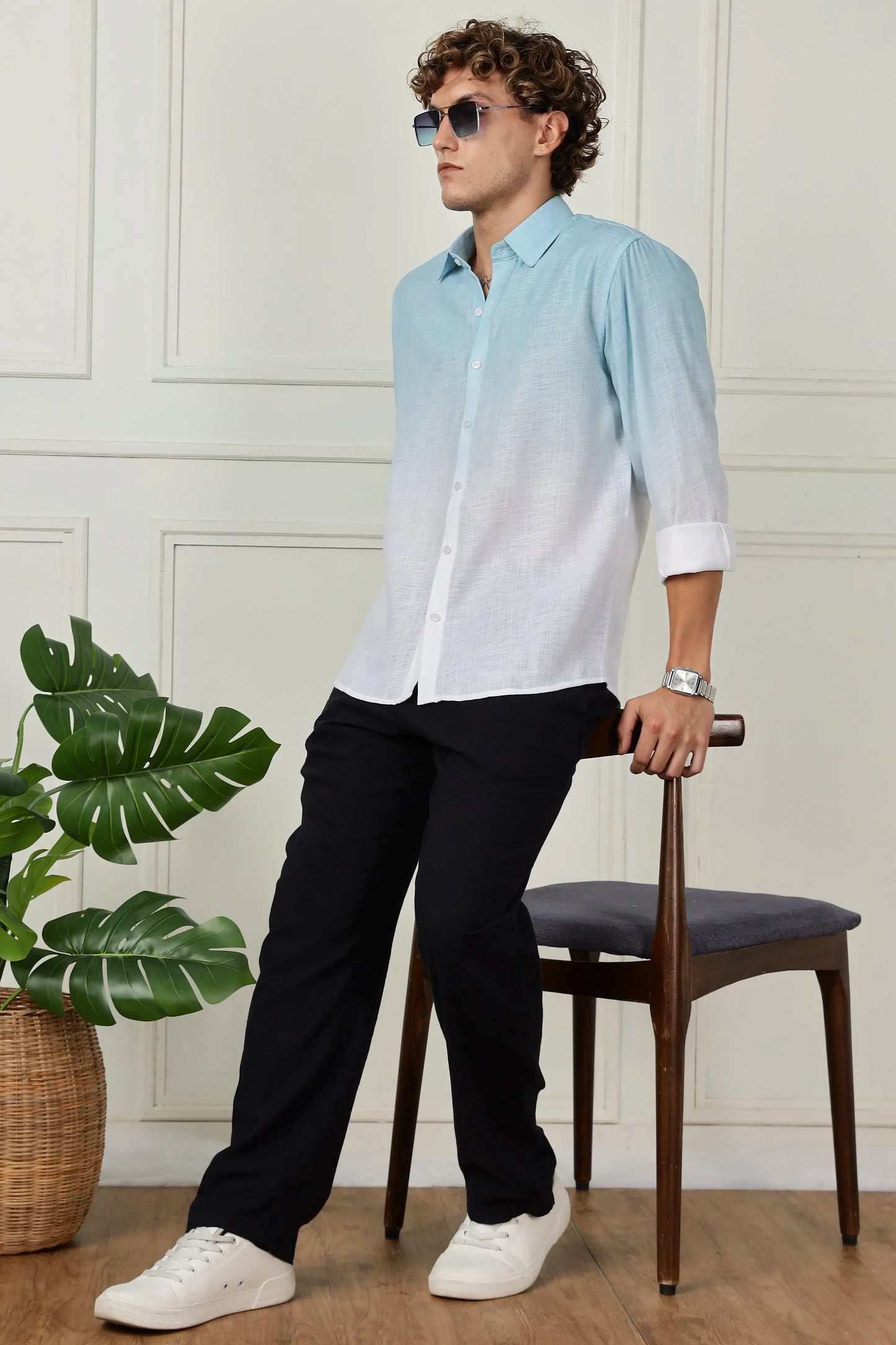 Sky blue ombre full sleeve linen shirt