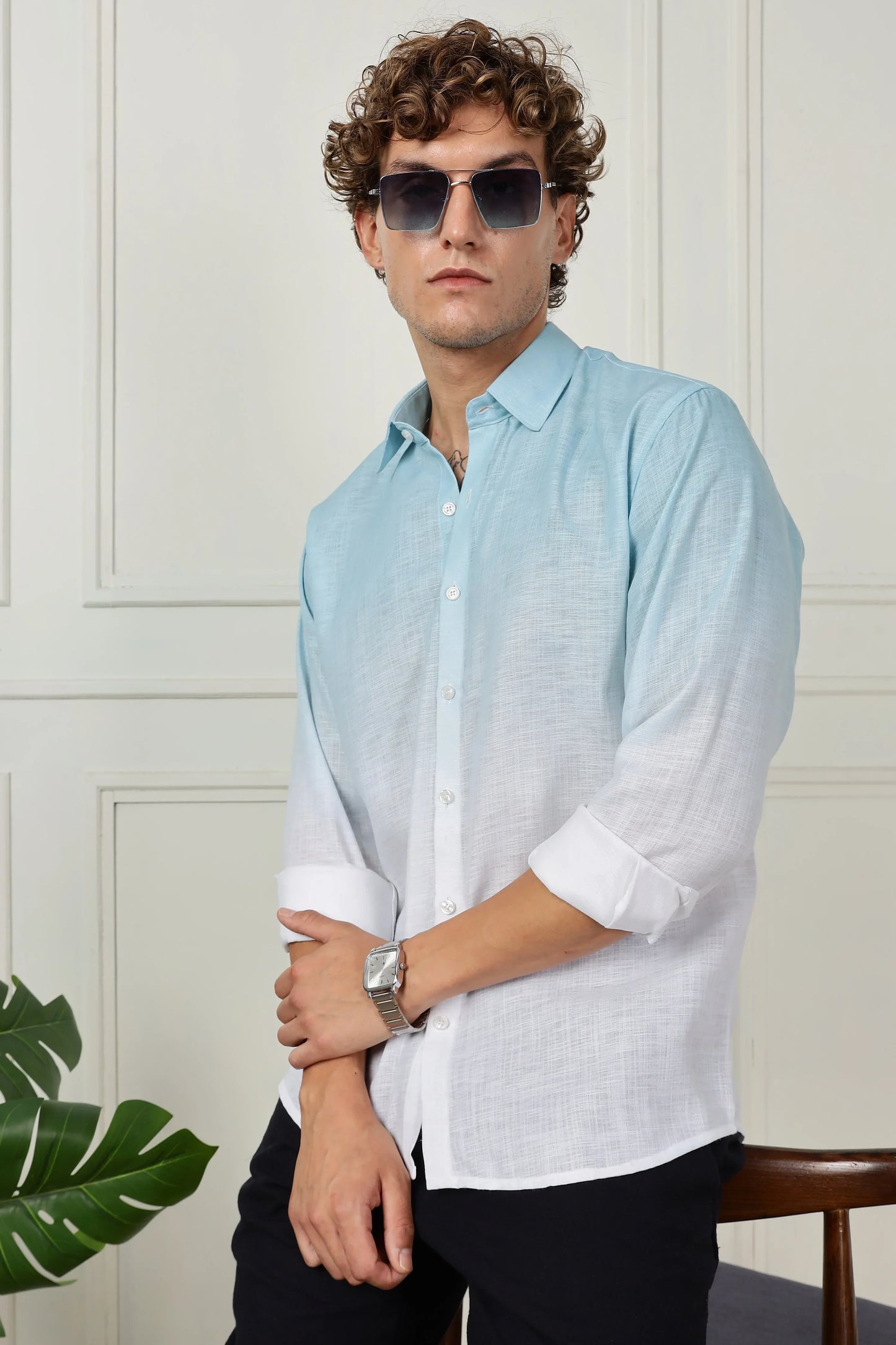 Sky blue ombre full sleeve linen shirt