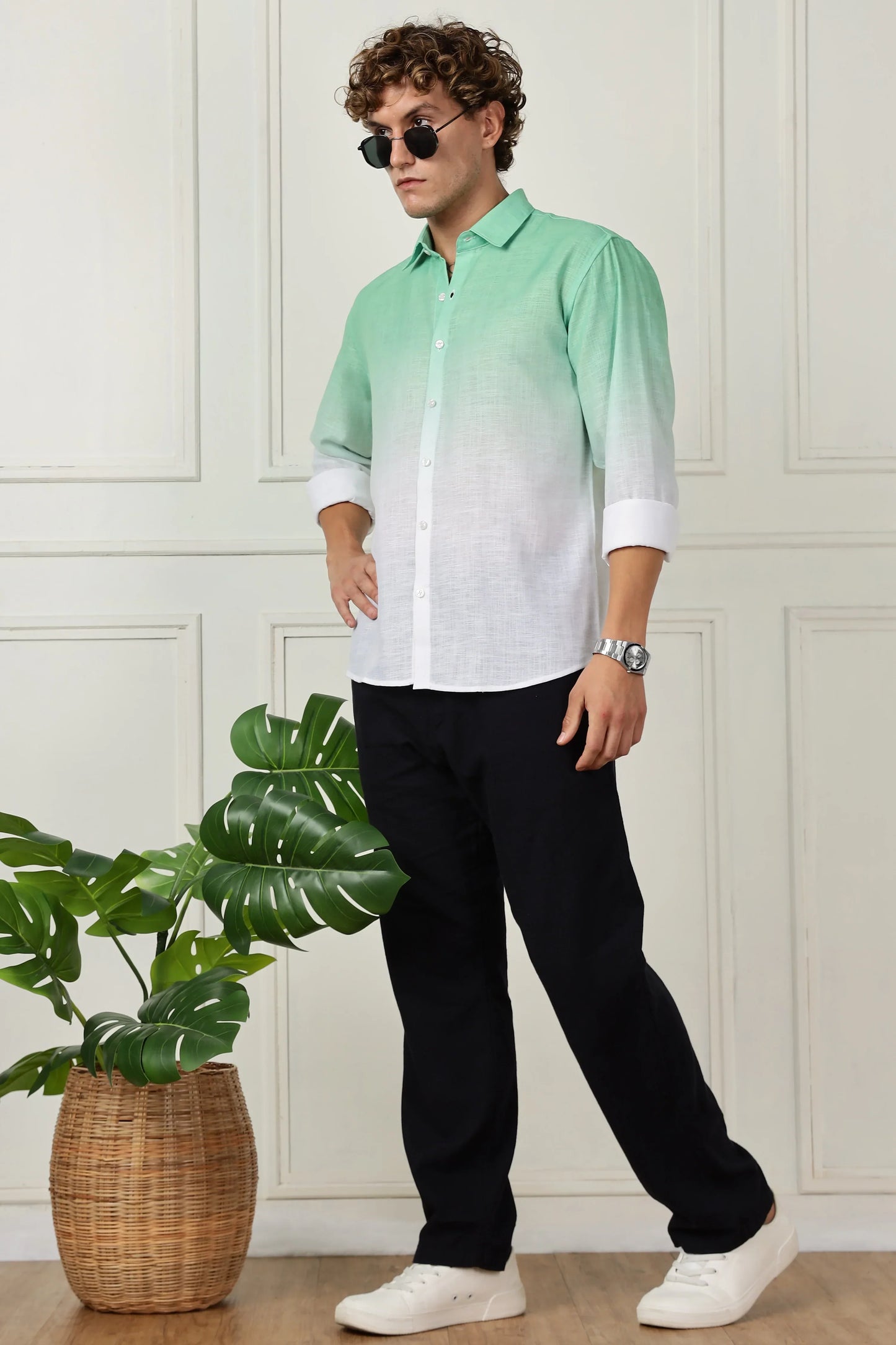 Mint green ombre full sleeve linen shirt