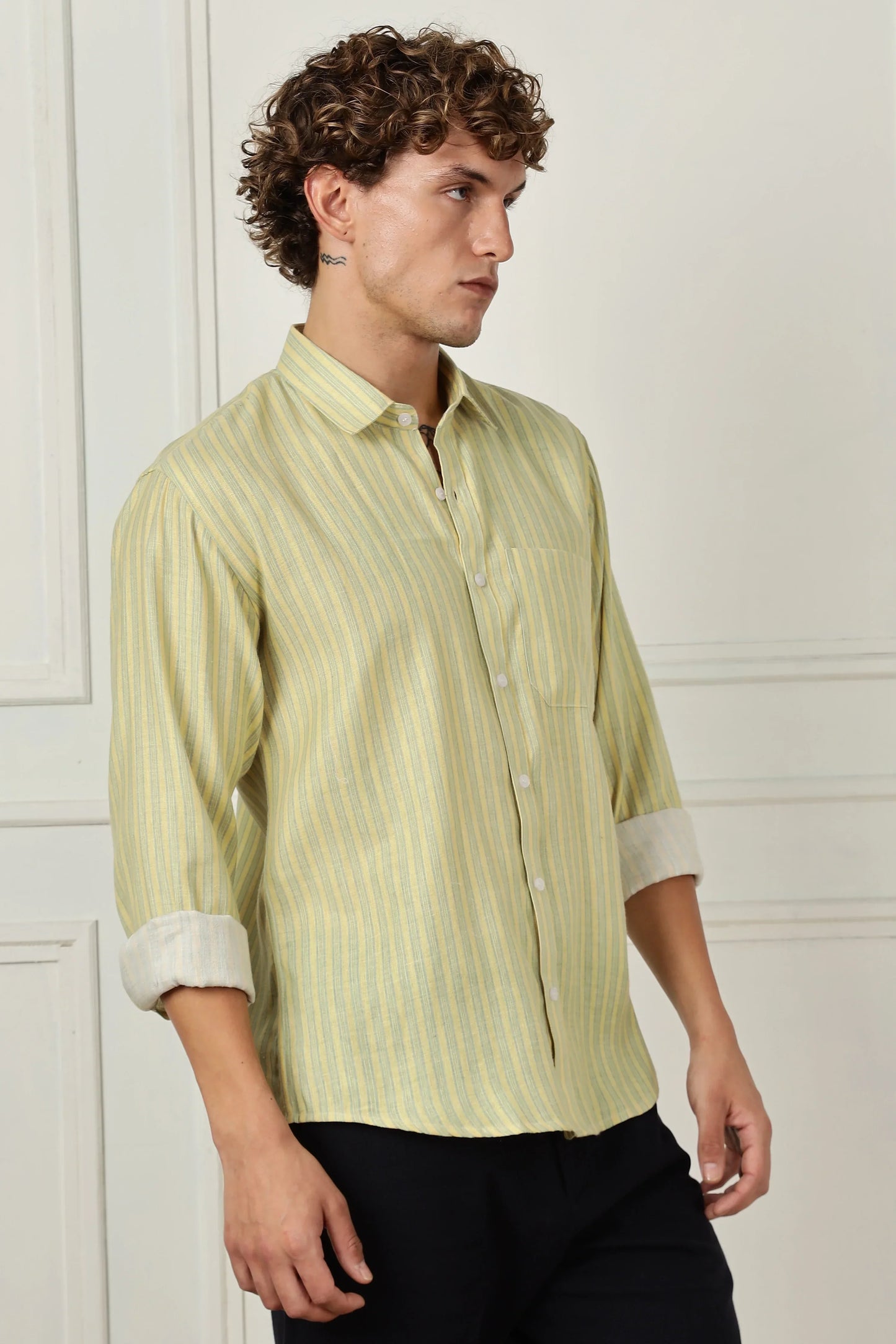Mustard stripe printed full sleeve linen shirt