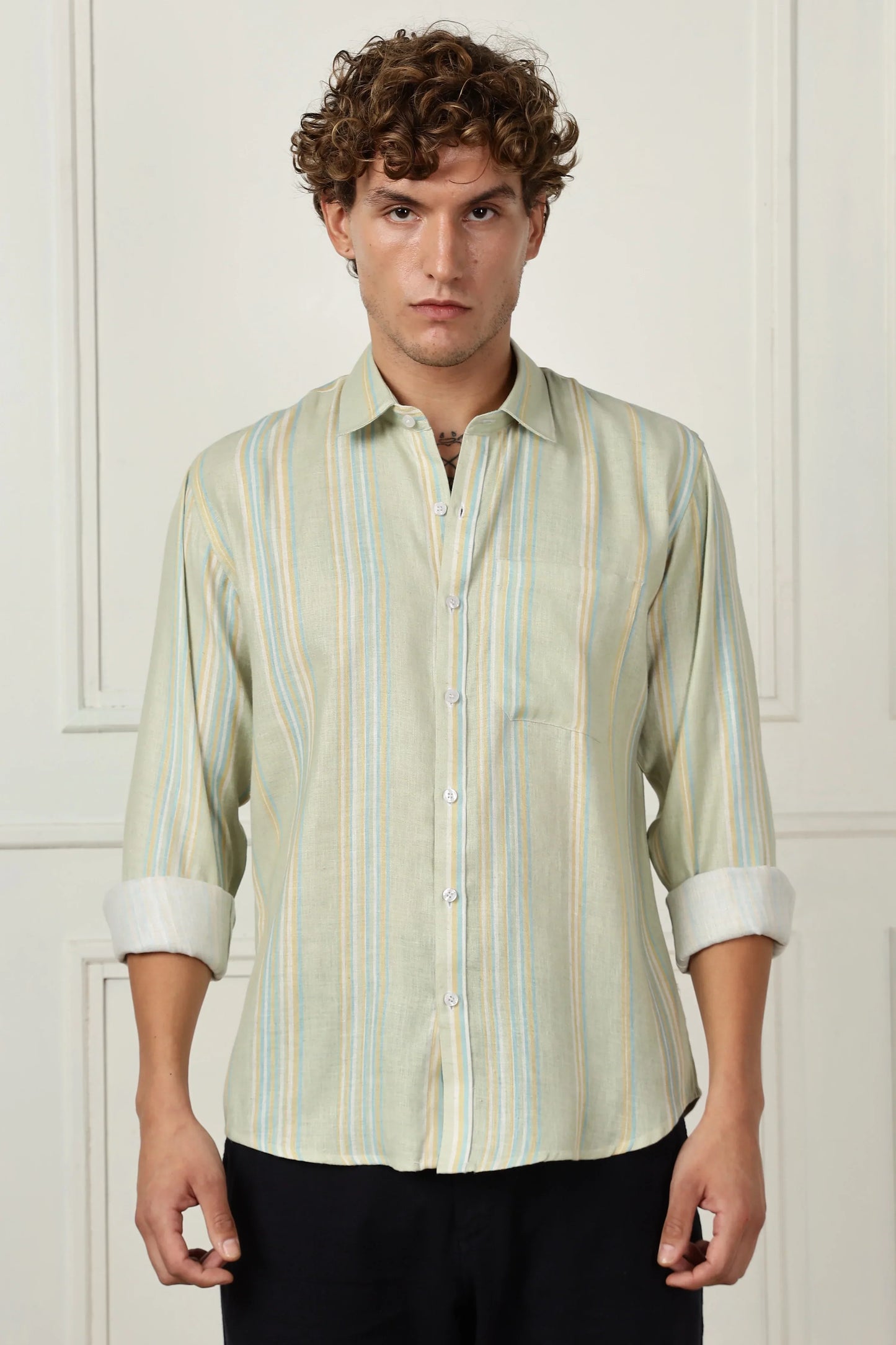 Pista stripe printed full sleeve linen shirt