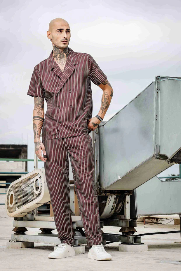 Jacquard Pinstripe Textured Korean Streetwear Co-ord Set