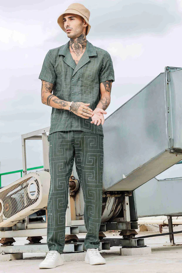 Olive Linen Blend Embroidered Notched Lapel Shirt and All Day Pants Co-ord Set
