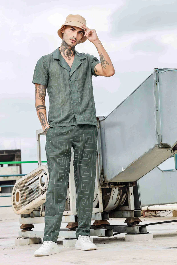 Olive Linen Blend Embroidered Notched Lapel Shirt and All Day Pants Co-ord Set