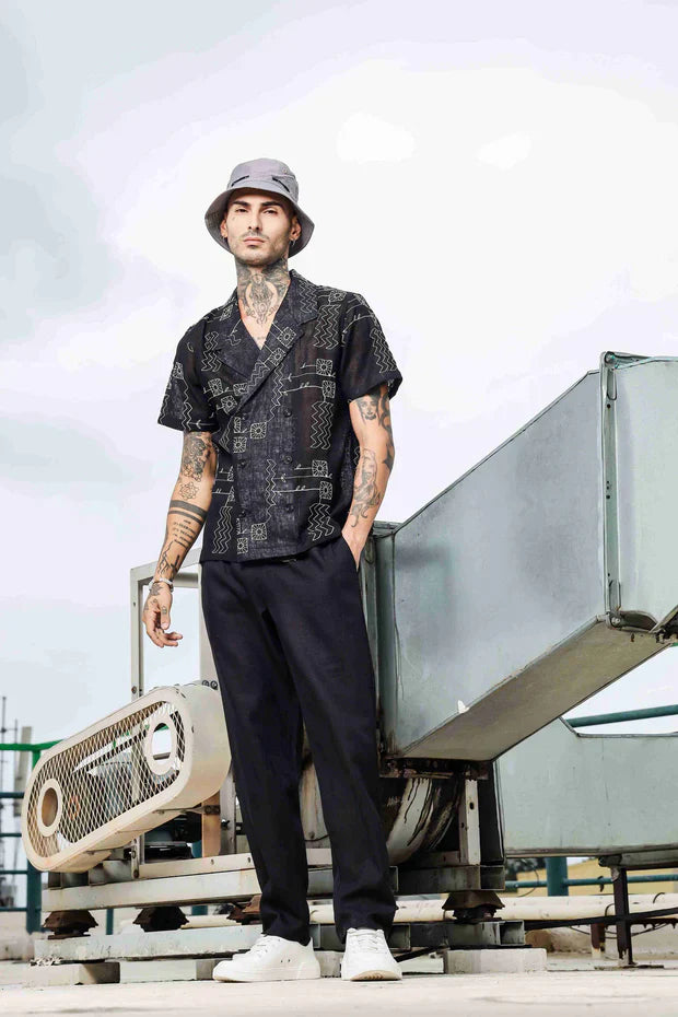 Black Linen Embroidered Notched Lapel Korean Shirt & All Day Pants Co-ord Set