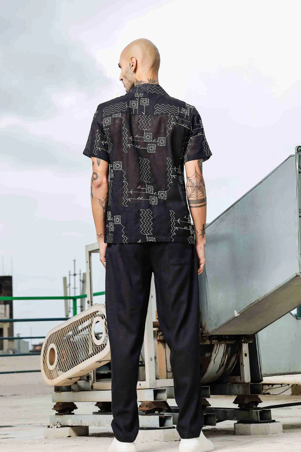 Black Linen Embroidered Notched Lapel Korean Shirt & All Day Pants Co-ord Set