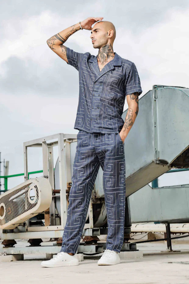 Blue Linen Embroidered Notched Lapel Korean Shirt & All Day Lounge Pants Co-ord Set