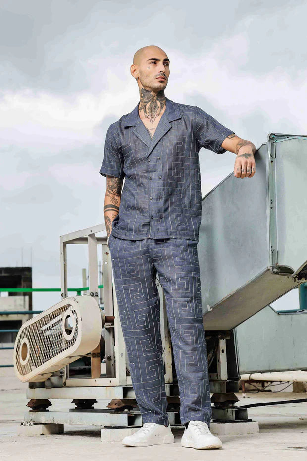 Blue Linen Embroidered Notched Lapel Korean Shirt & All Day Lounge Pants Co-ord Set