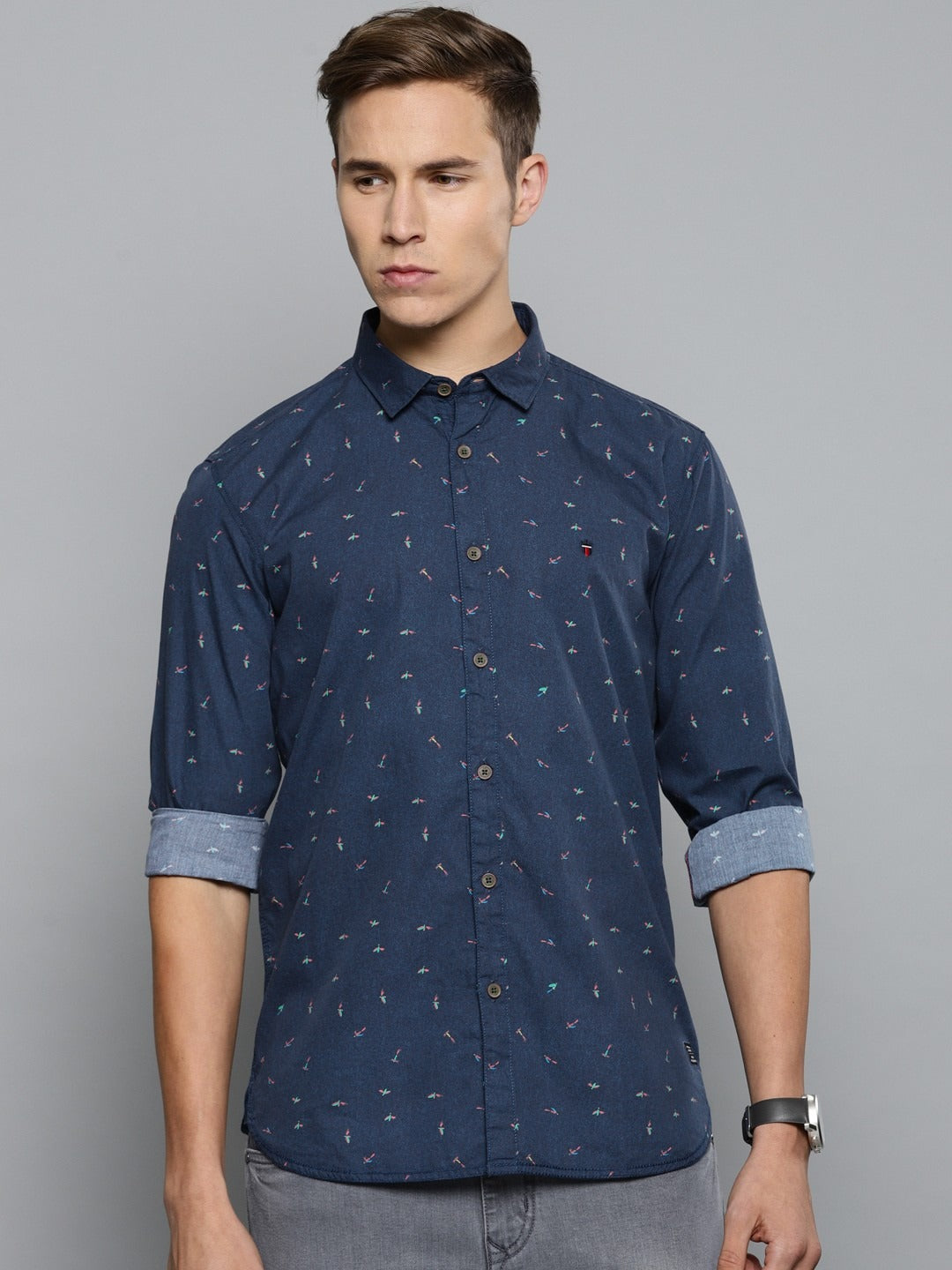 Men’s Blue Super Slim Fit Printed Casual Shirt | Sleek Style with a Bold Print