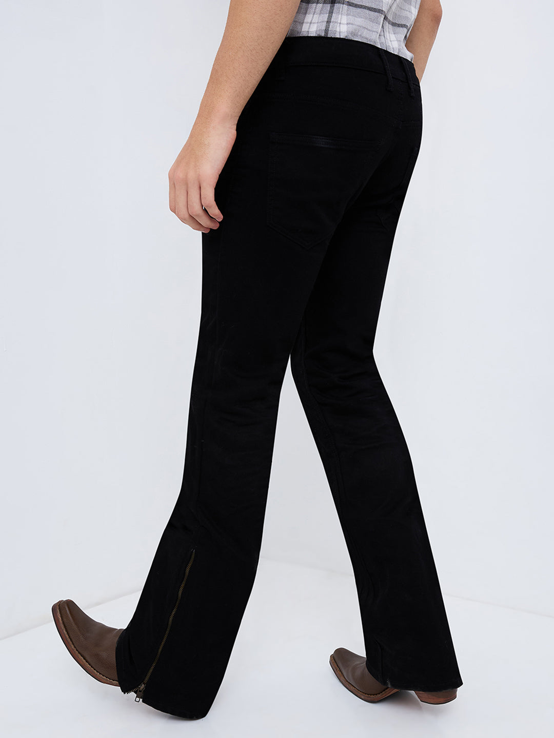 Men's Black Distress Bootcut Jeans with Zipper Bottom