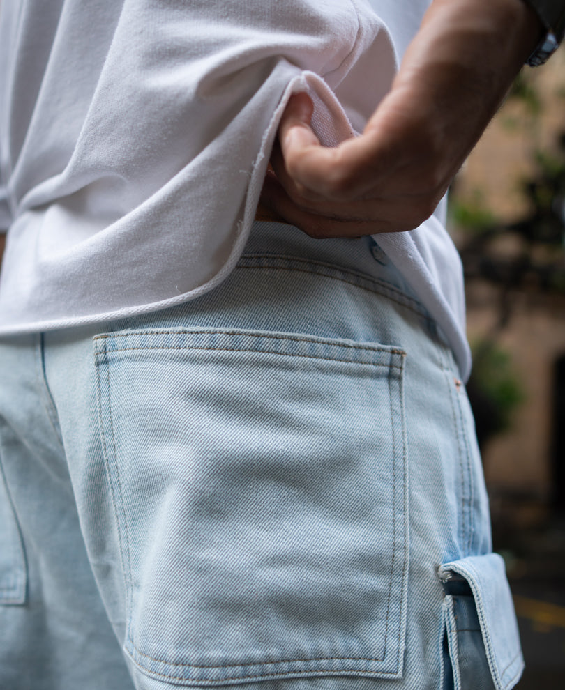 Ice Blue Torn Baggy Fit Cargo Denim Jeans