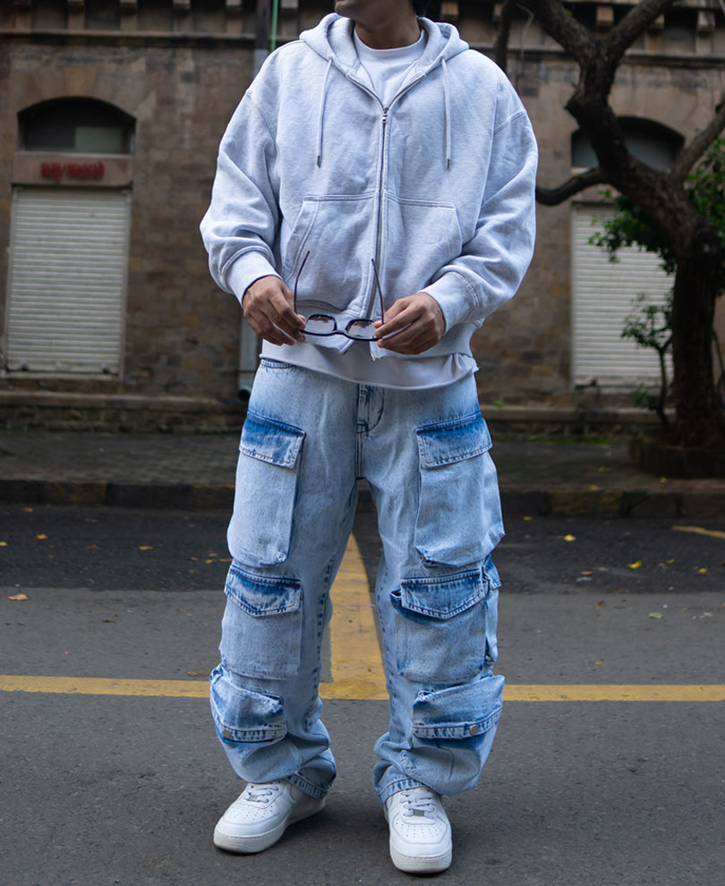 Ice Blue Baggy Fit Cargo Denim Jeans