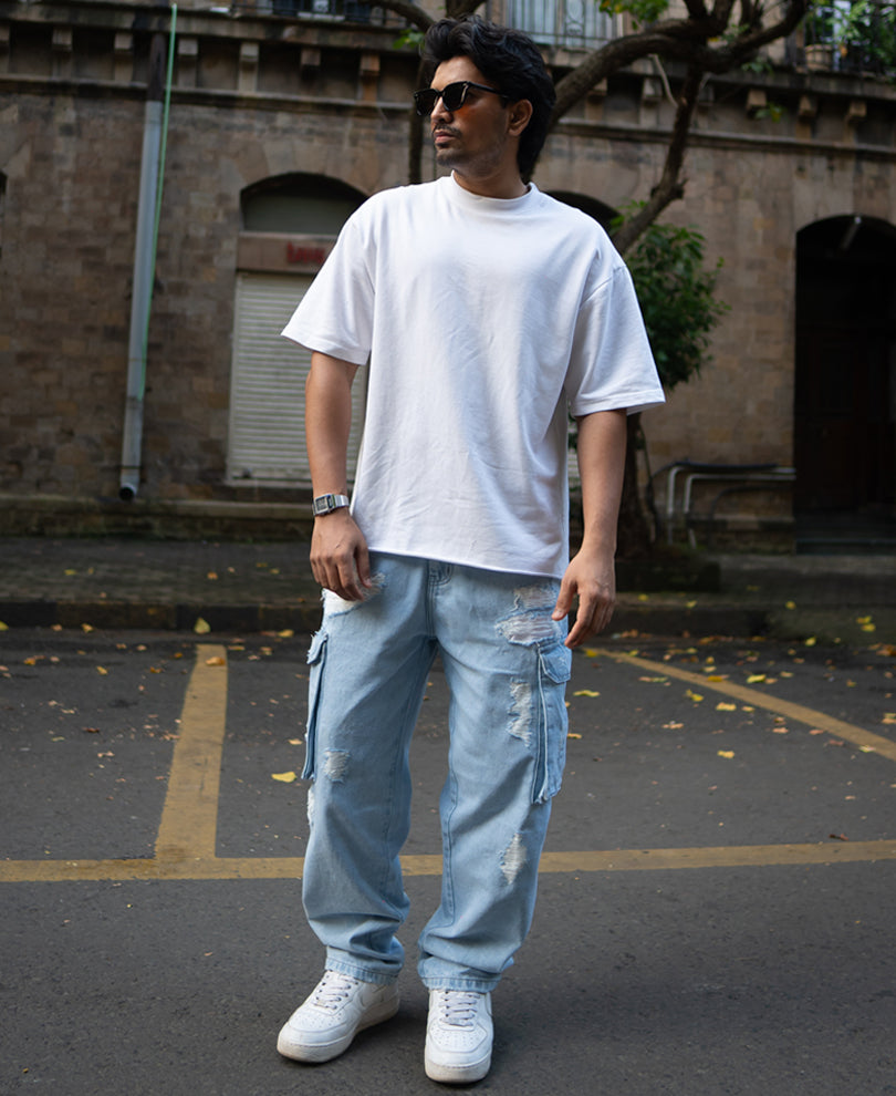 Ice Blue Baggy Fit Distressed Cargo Jeans