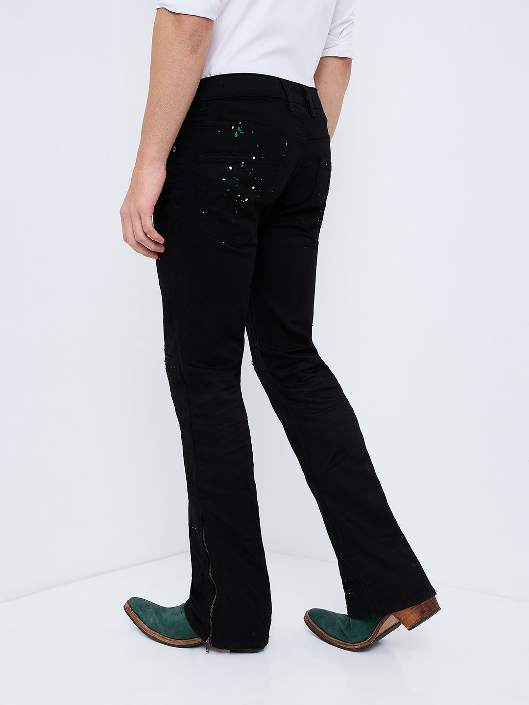 Men's Black Colour Splash Bootcut Jeans With Zipper Bottom