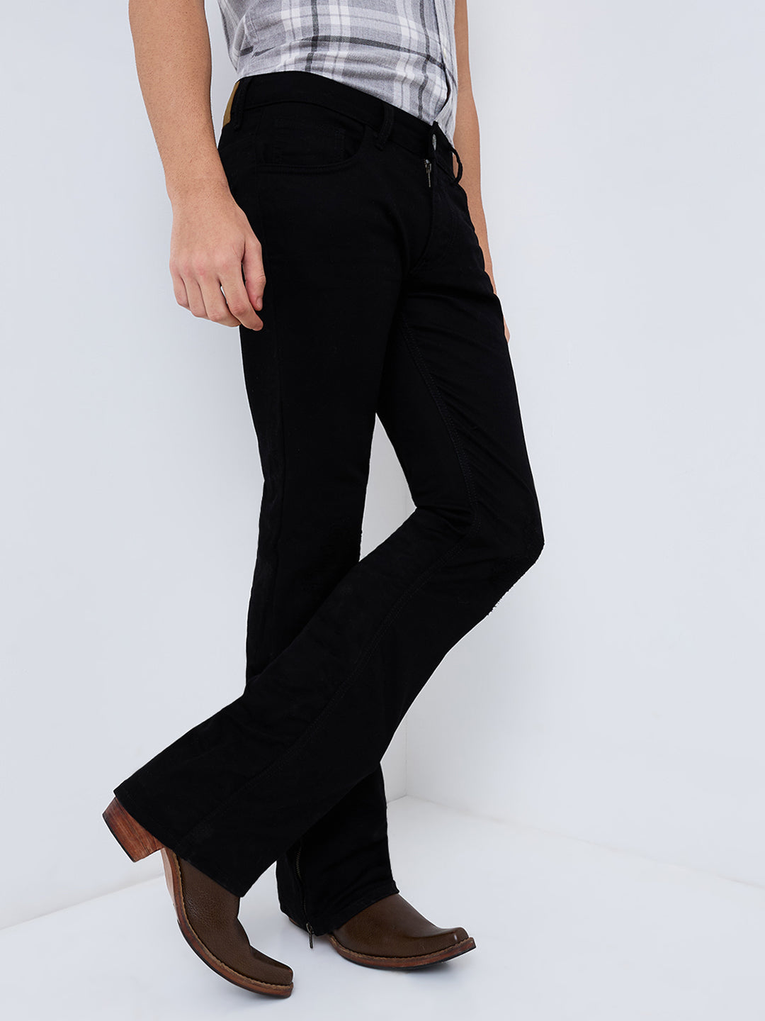 Men's Black Distress Bootcut Jeans with Zipper Bottom