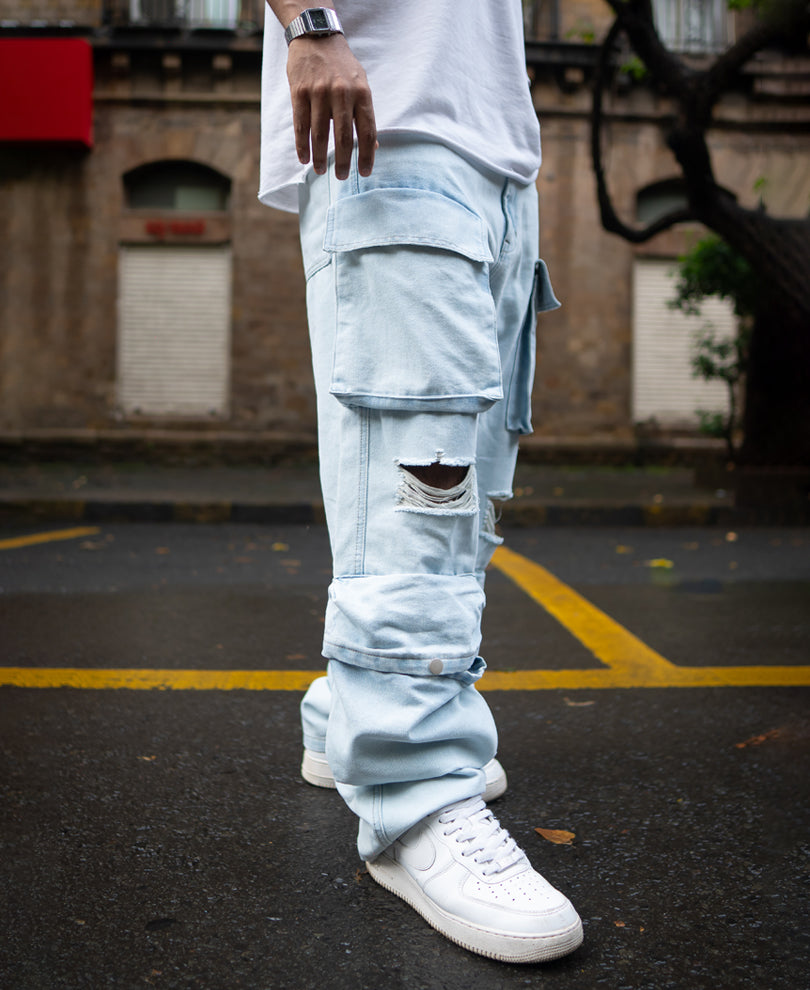 Ice Blue Torn Baggy Fit Cargo Denim Jeans