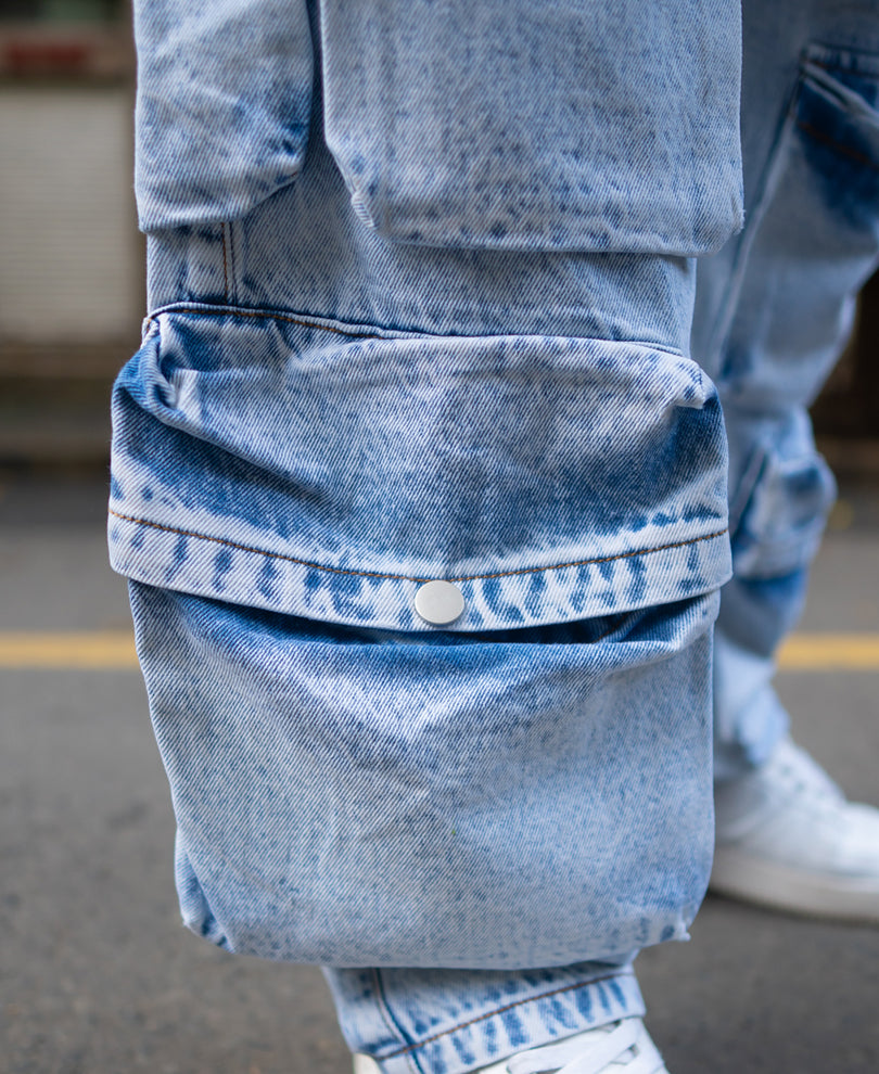 Ice Blue Baggy Fit Cargo Denim Jeans