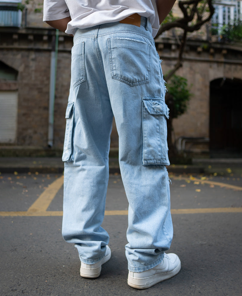 Ice Blue Baggy Fit Distressed Cargo Jeans