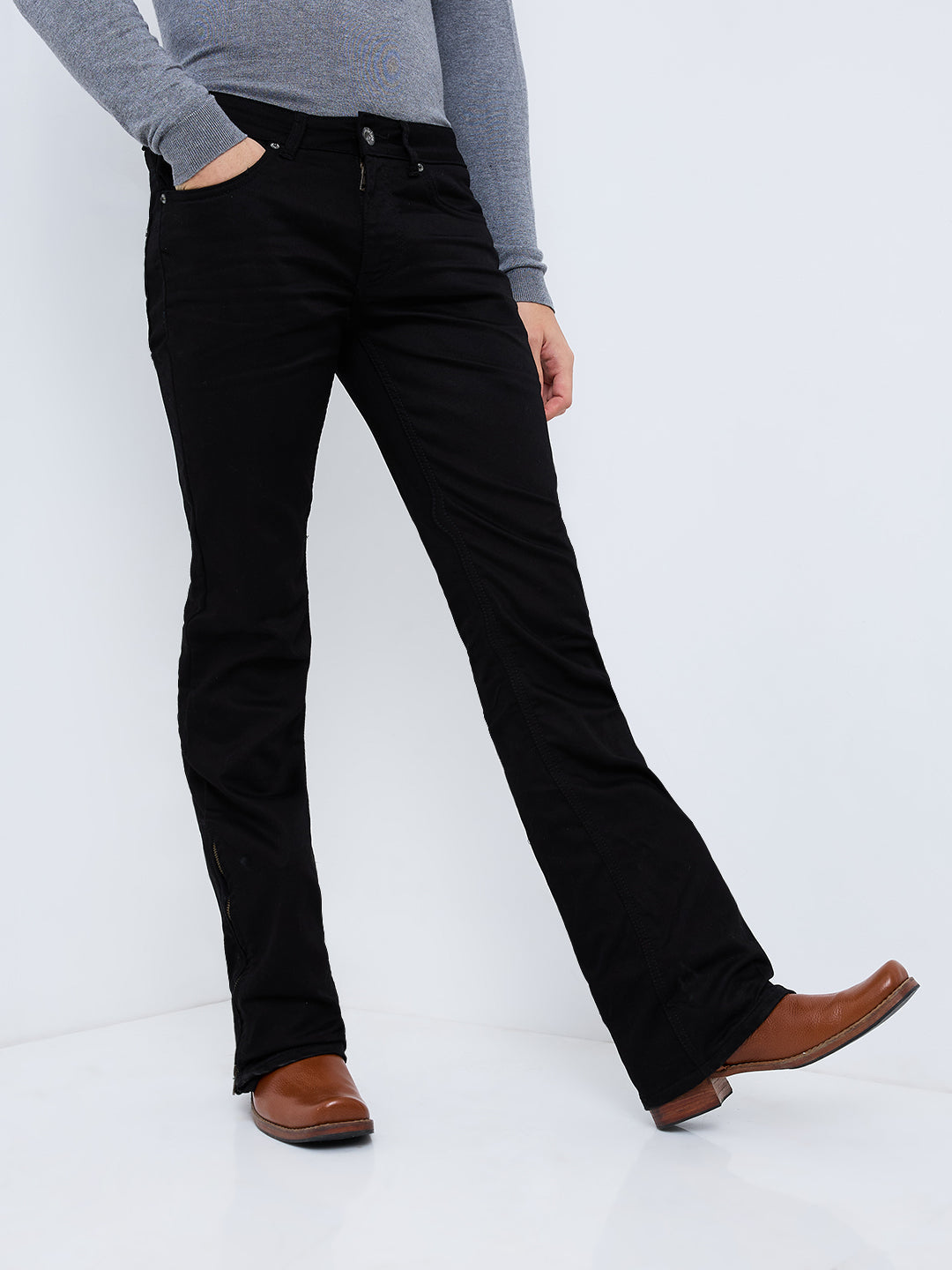 Men's Basic Black Bootcut Jeans With Zipper Bottom