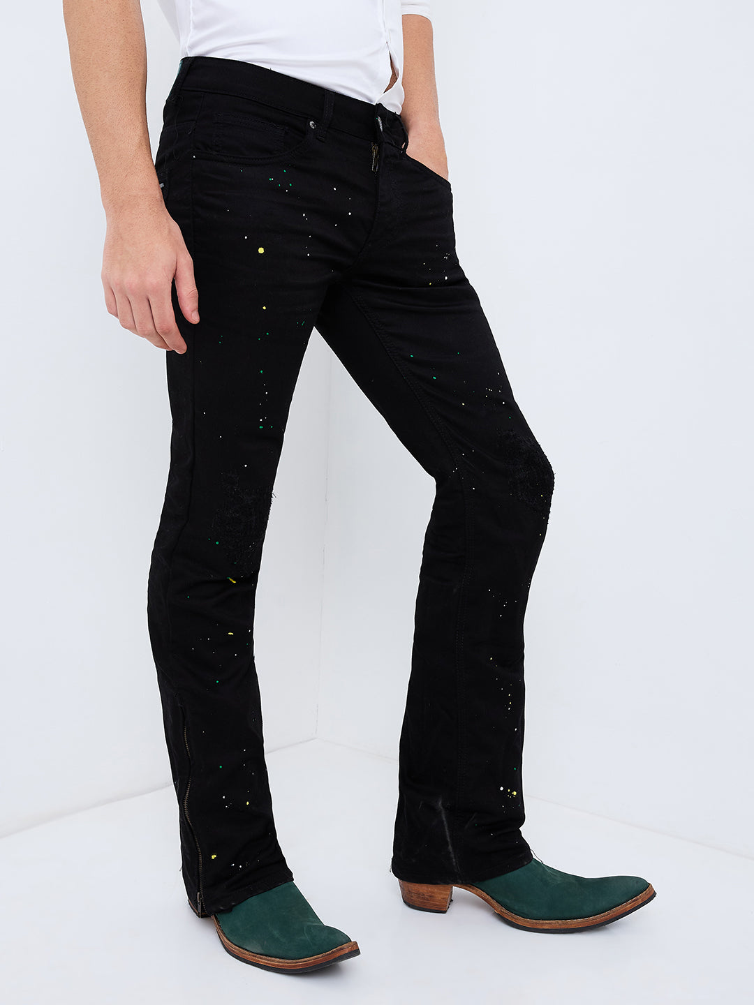 Men's Black Colour Splash Bootcut Jeans With Zipper Bottom