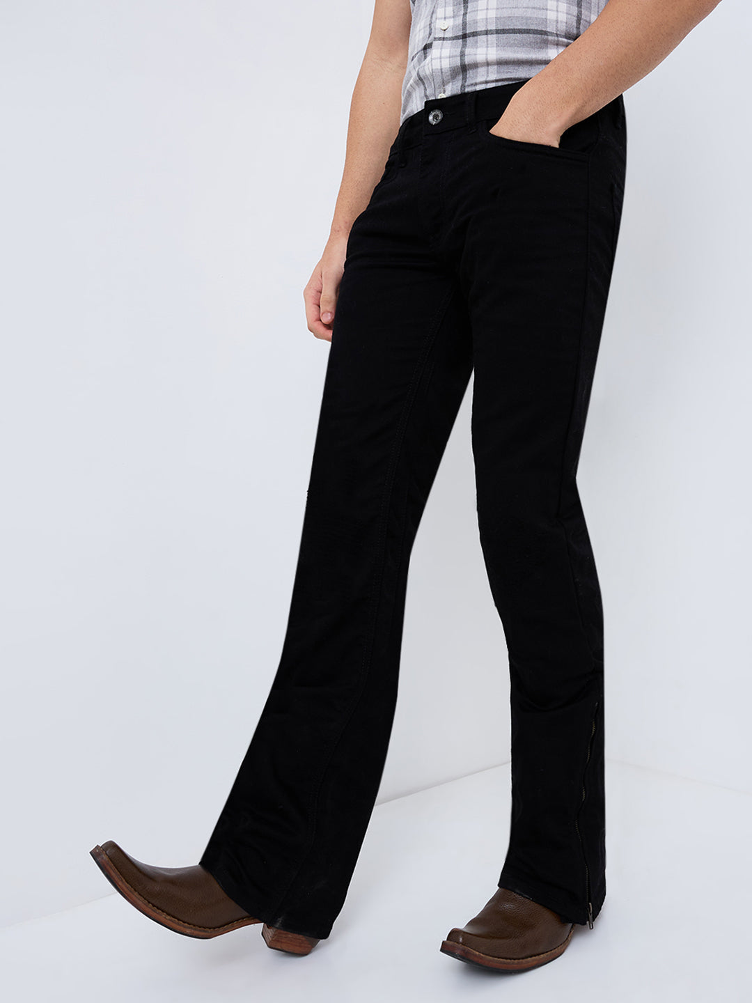 Men's Black Distress Bootcut Jeans with Zipper Bottom