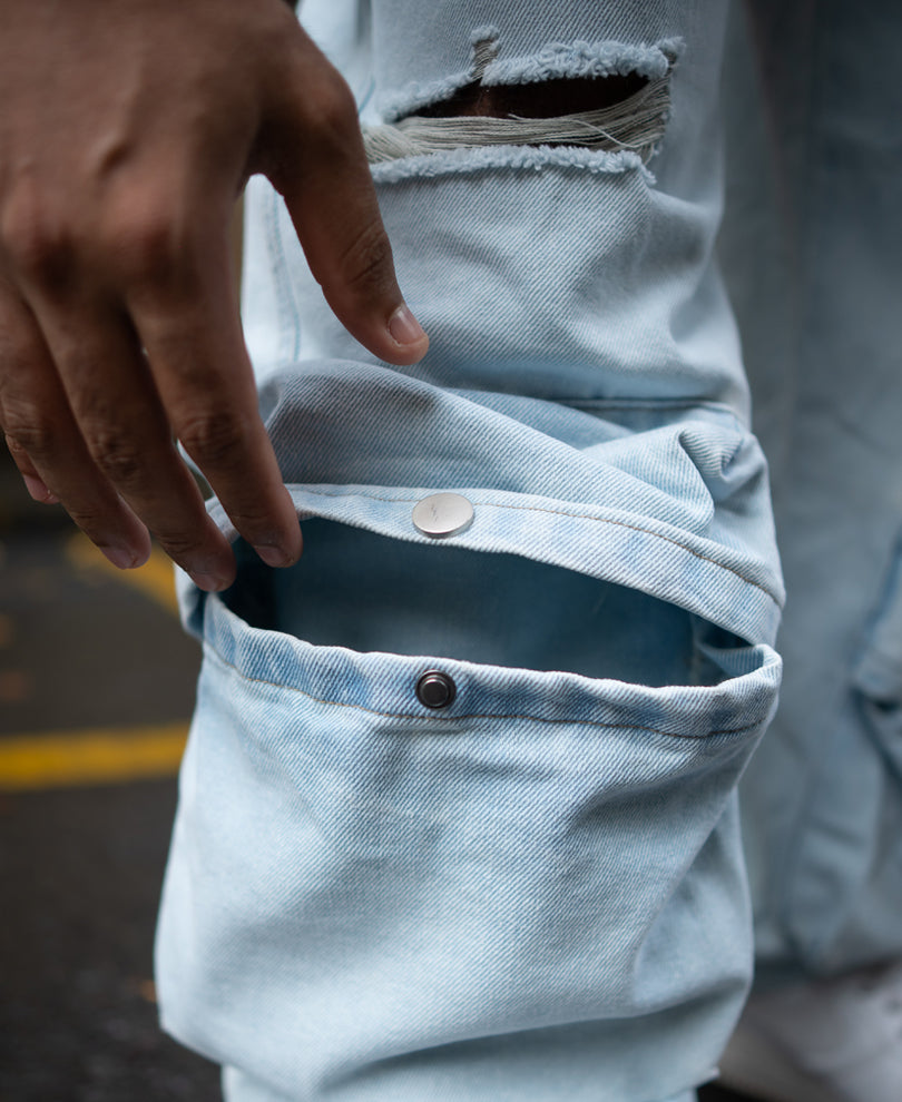 Ice Blue Torn Baggy Fit Cargo Denim Jeans