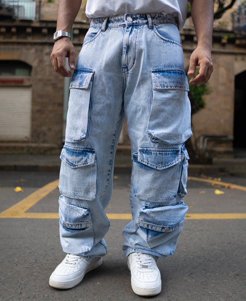 Ice Blue Baggy Fit Cargo Denim Jeans