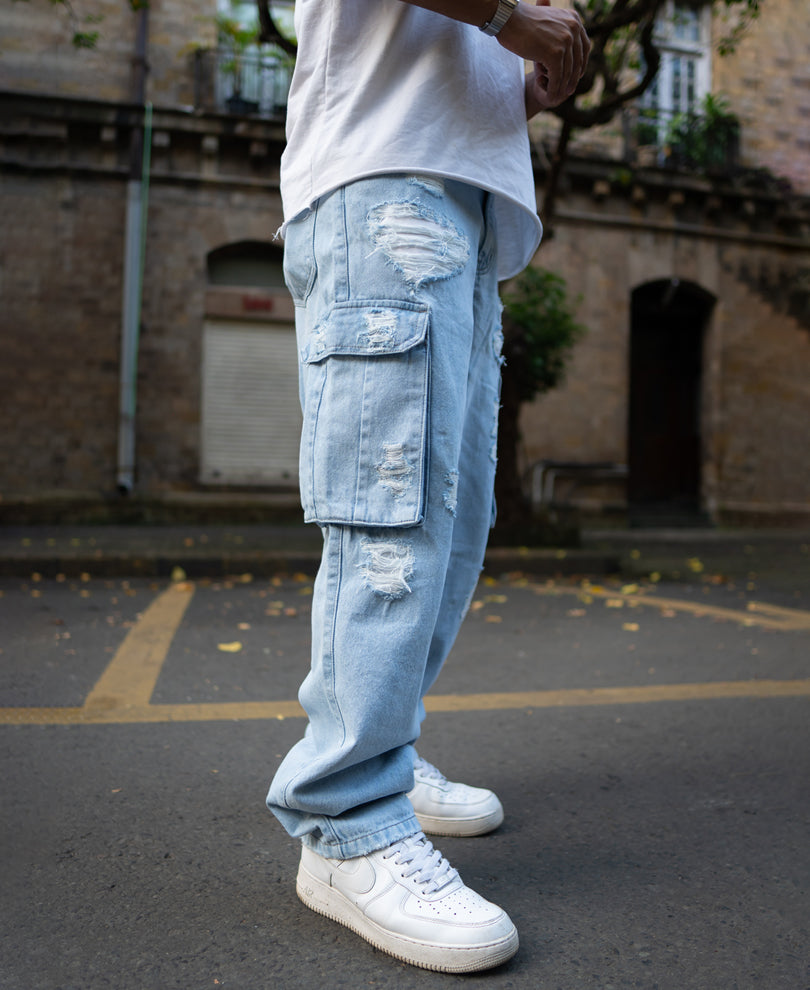 Ice Blue Baggy Fit Distressed Cargo Jeans