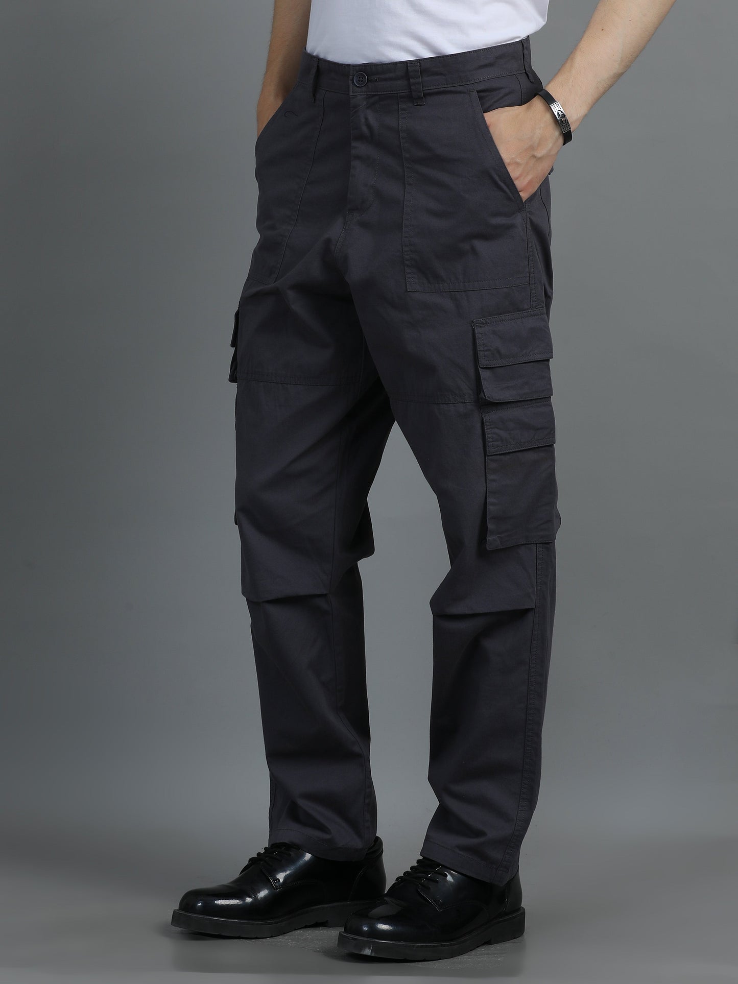 Pack of 2 Cotton Relaxed Fit Cargo Trousers, Charcoal Grey Black