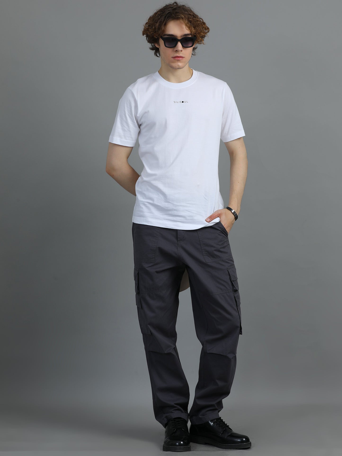 Pack of 2 Cotton Relaxed Fit Cargo Trousers, Charcoal Grey Black