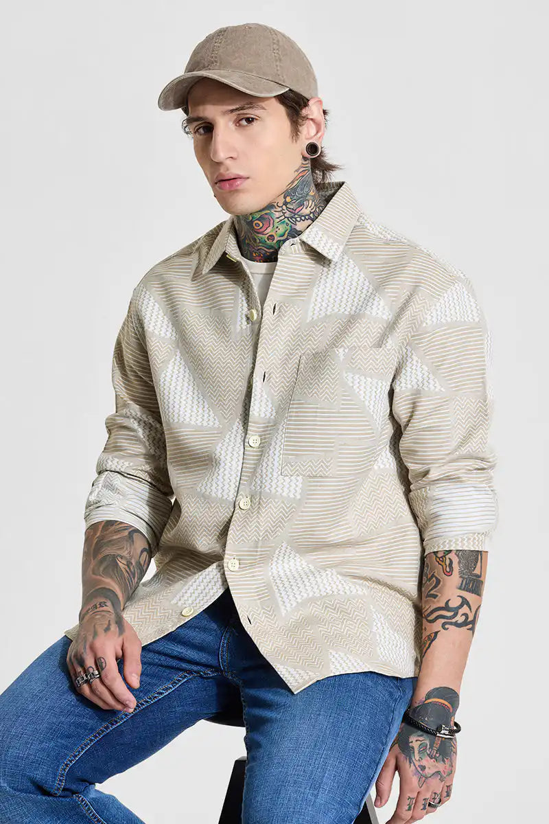 Beige Geometric Relaxed Fit Overshirt