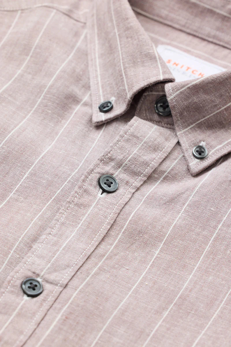 Light Brown Stripes Slim Fit Linen Blend Shirt