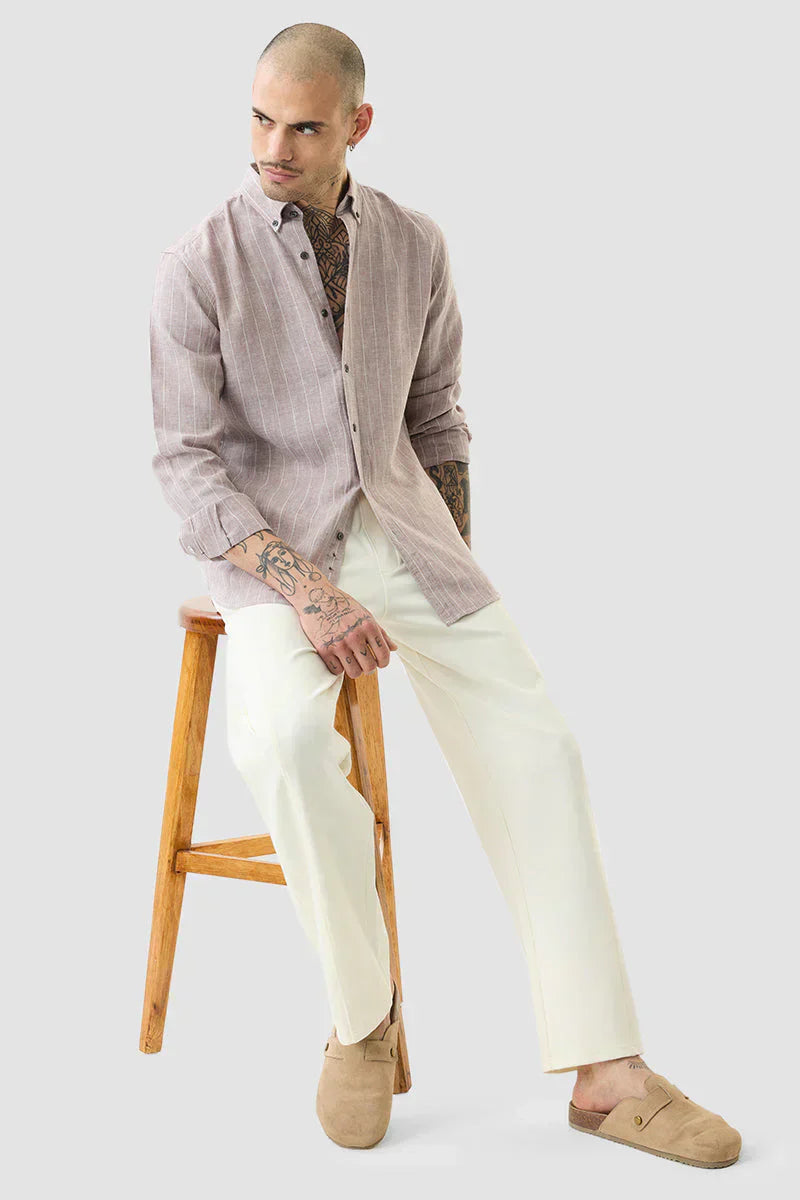 Light Brown Stripes Slim Fit Linen Blend Shirt