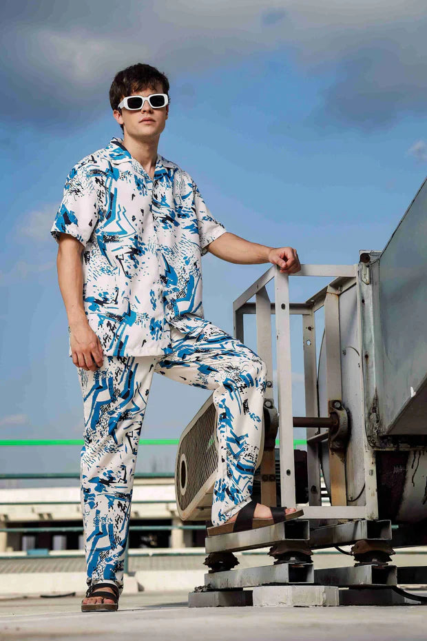 Off White Relaxed Fit Cuban Collar Shirt & All Day Pants Abstract Printed Co-ord Set