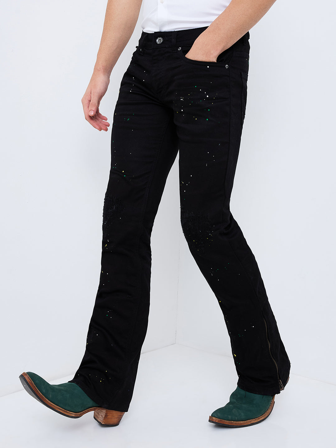 Men's Black Colour Splash Bootcut Jeans With Zipper Bottom