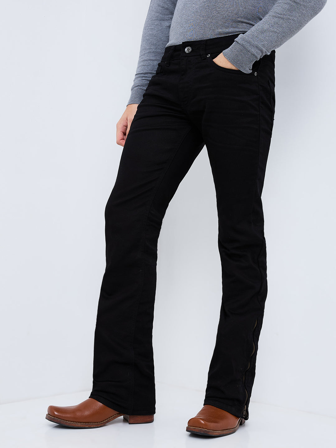 Men's Basic Black Bootcut Jeans With Zipper Bottom