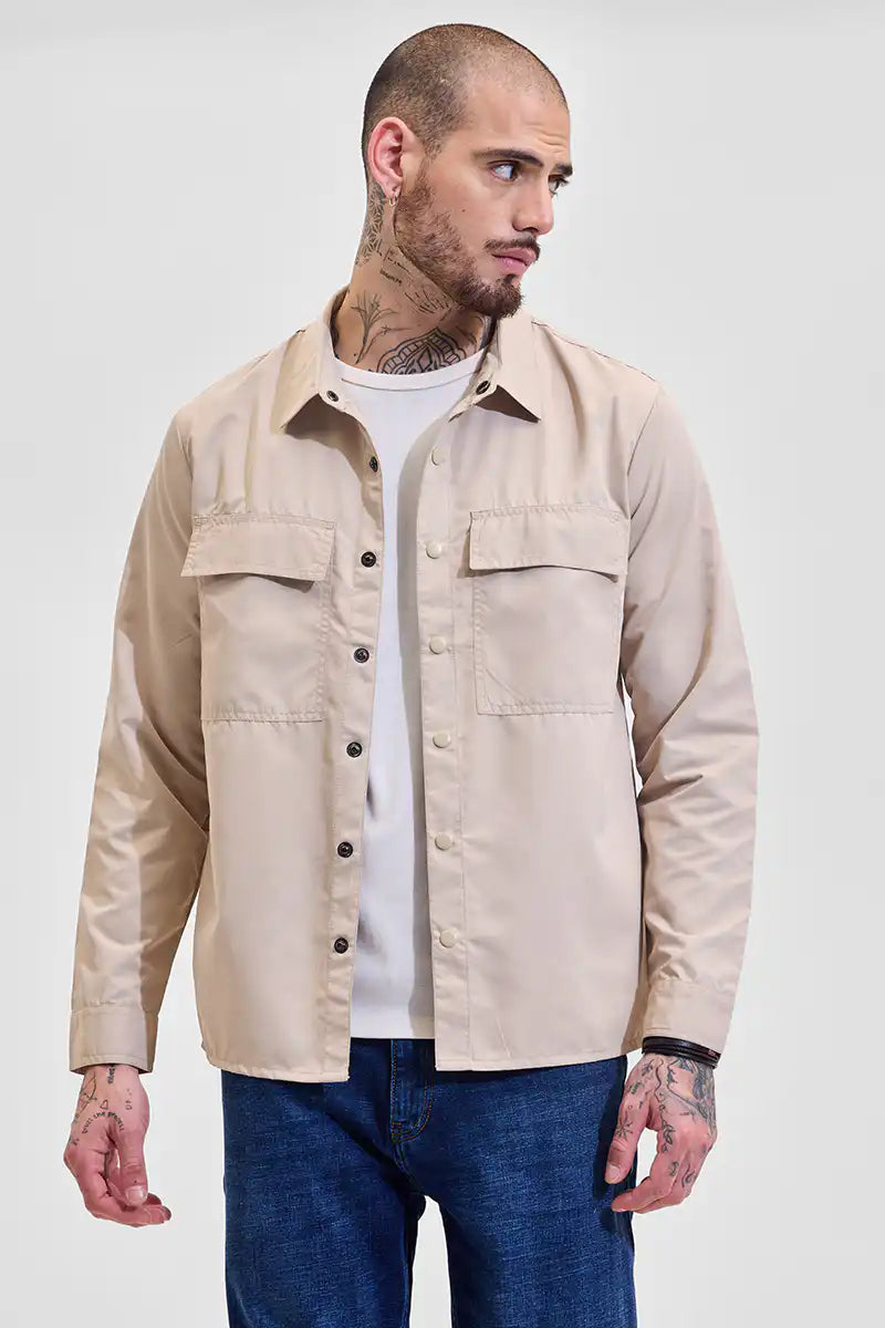 Beige Multi Pocket Relaxed Fit Overshirt