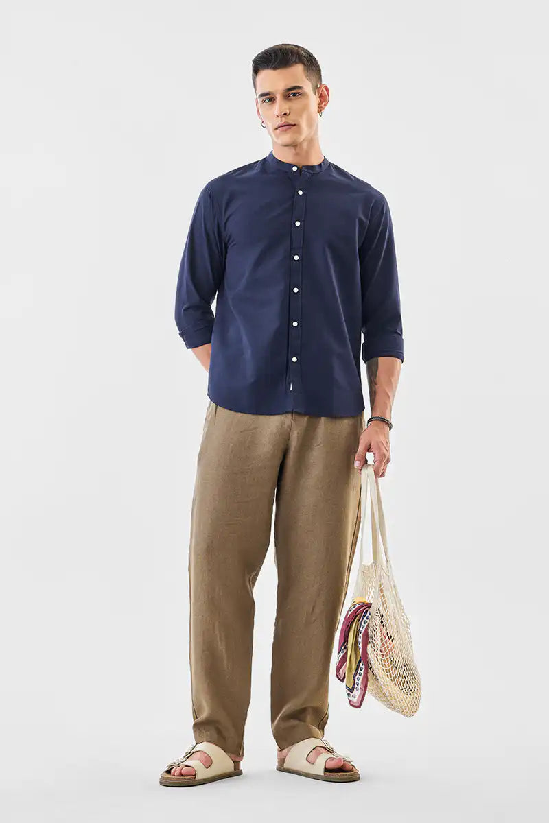 Linen Blend Mandarin Collar Shirt