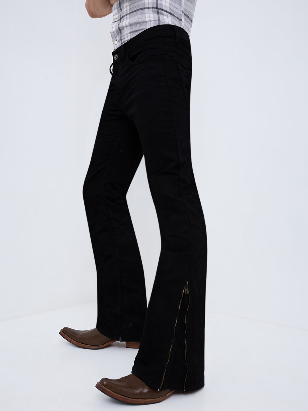 Men's Black Distress Bootcut Jeans with Zipper Bottom