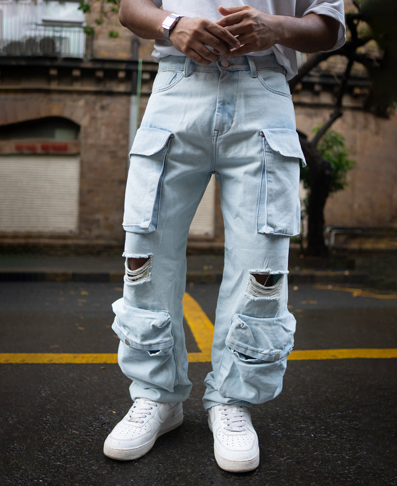 Ice Blue Torn Baggy Fit Cargo Denim Jeans