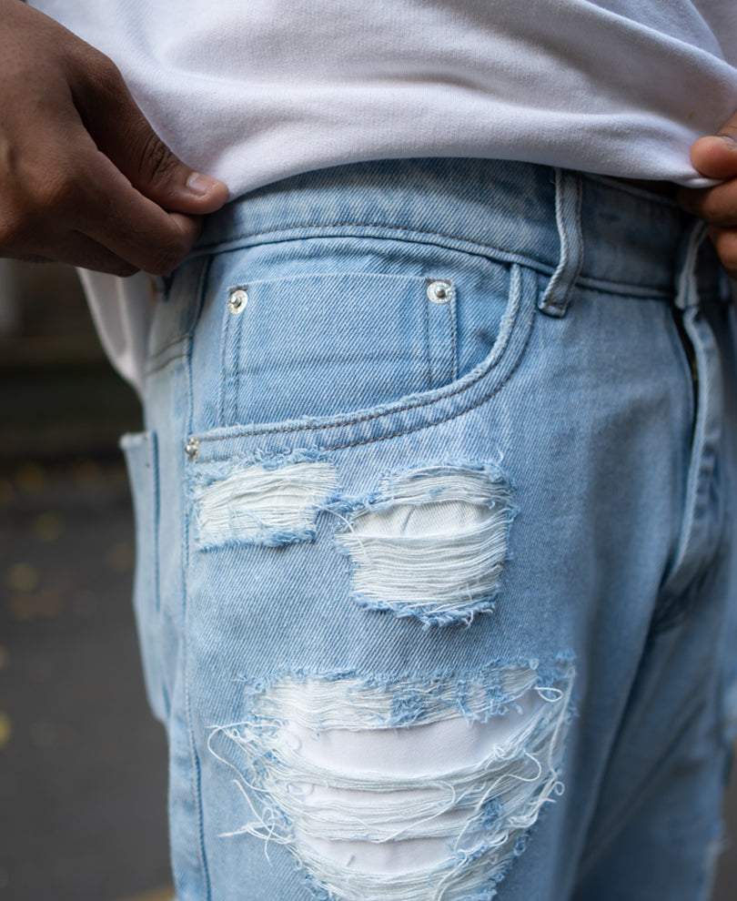 Ice Blue Baggy Fit Distressed Cargo Jeans