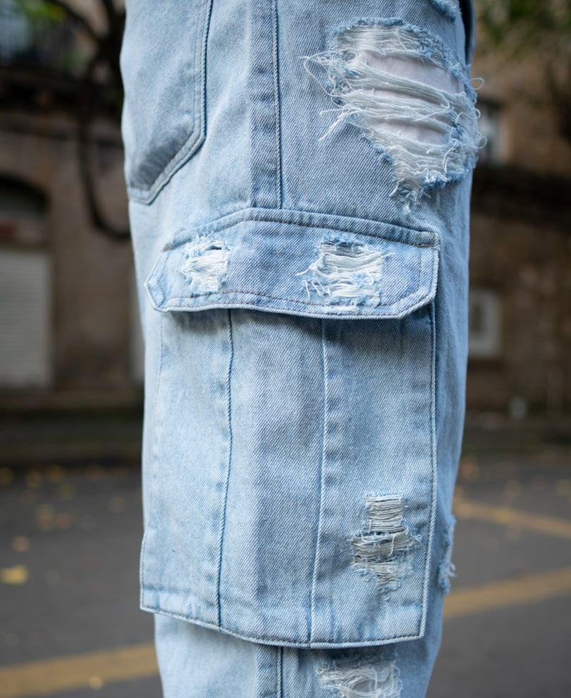 Ice Blue Baggy Fit Distressed Cargo Jeans