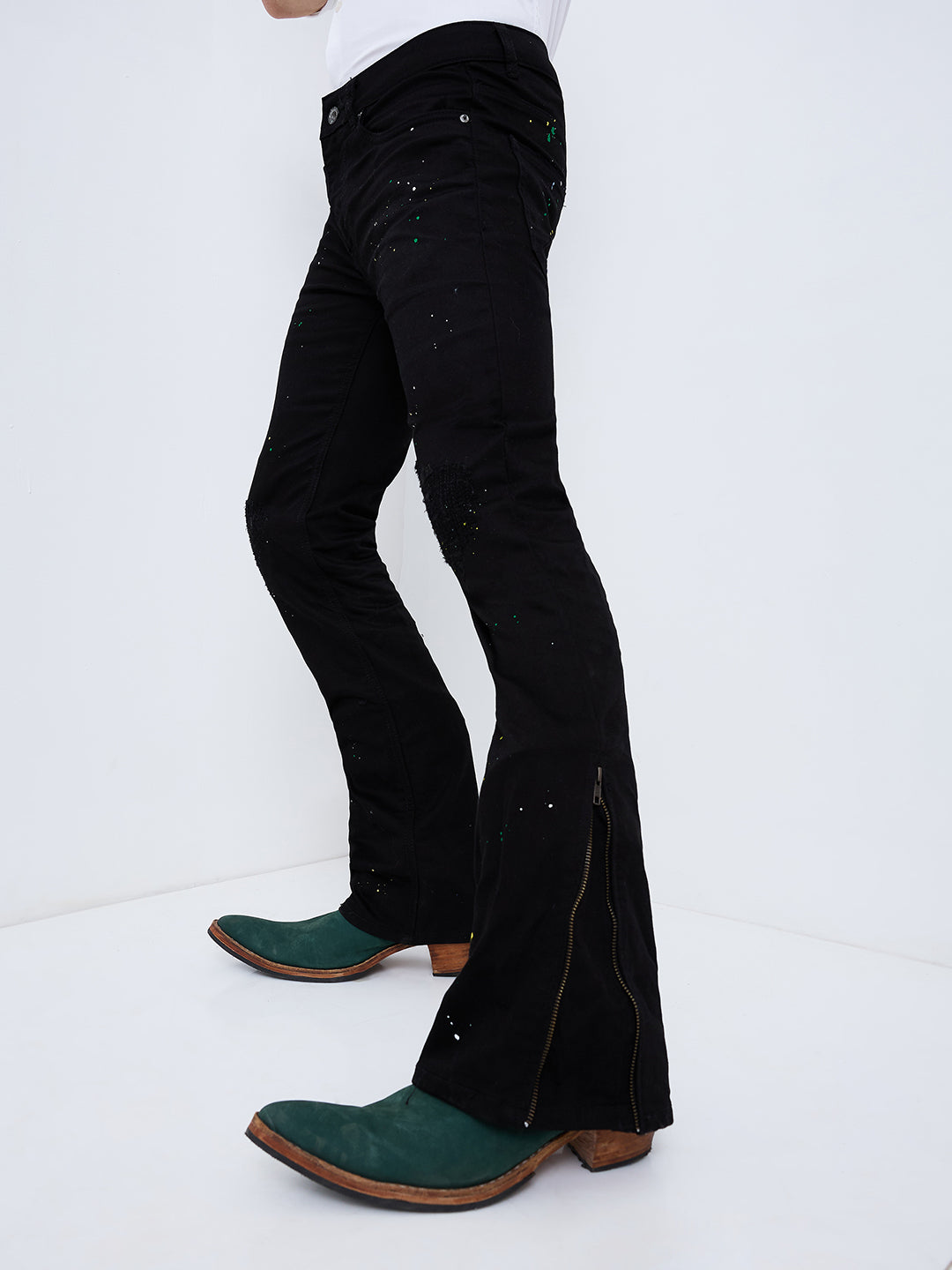 Men's Black Colour Splash Bootcut Jeans With Zipper Bottom