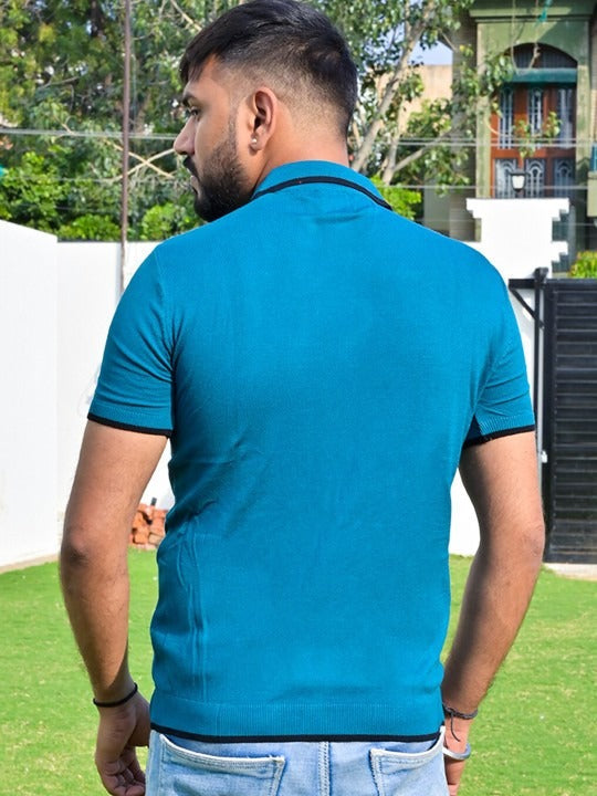 Blue Polo Collar Cotton T-Shirt for Men