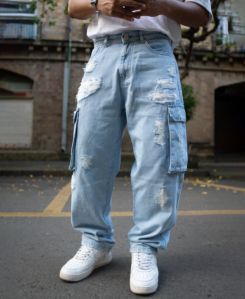 Ice Blue Baggy Fit Distressed Cargo Jeans