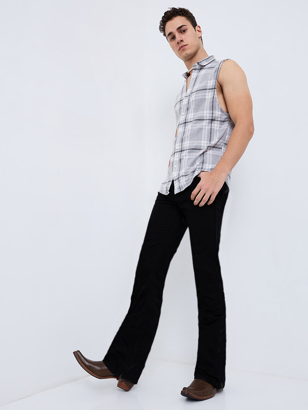 Men's Black Distress Bootcut Jeans with Zipper Bottom