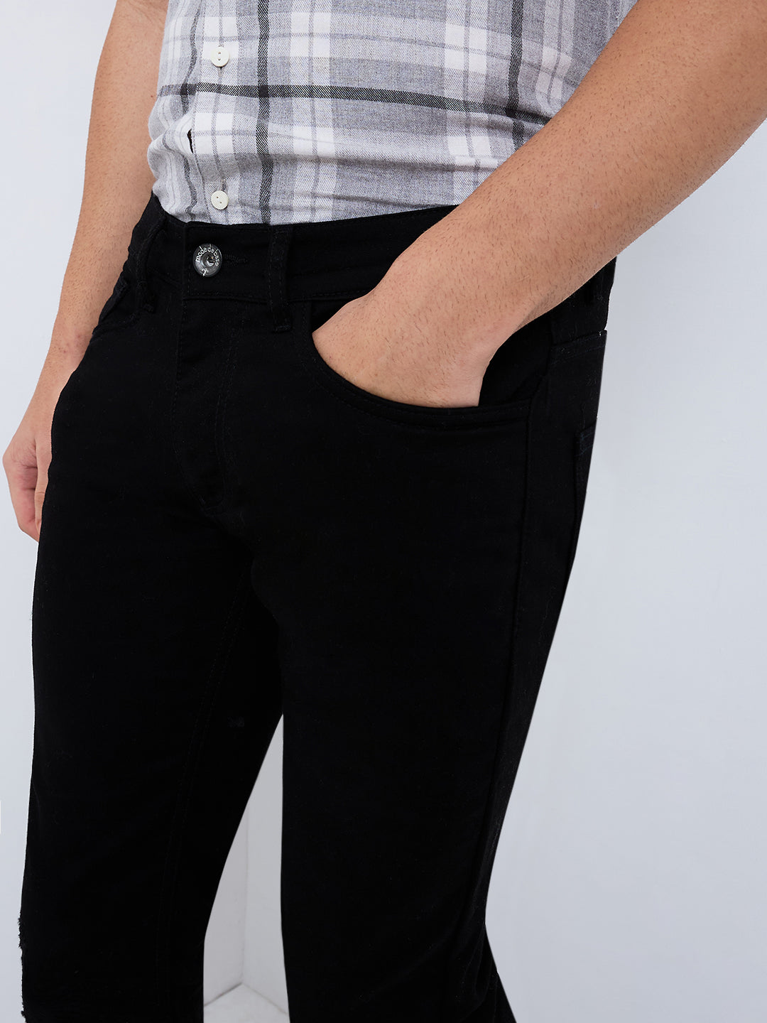 Men's Black Distress Bootcut Jeans with Zipper Bottom