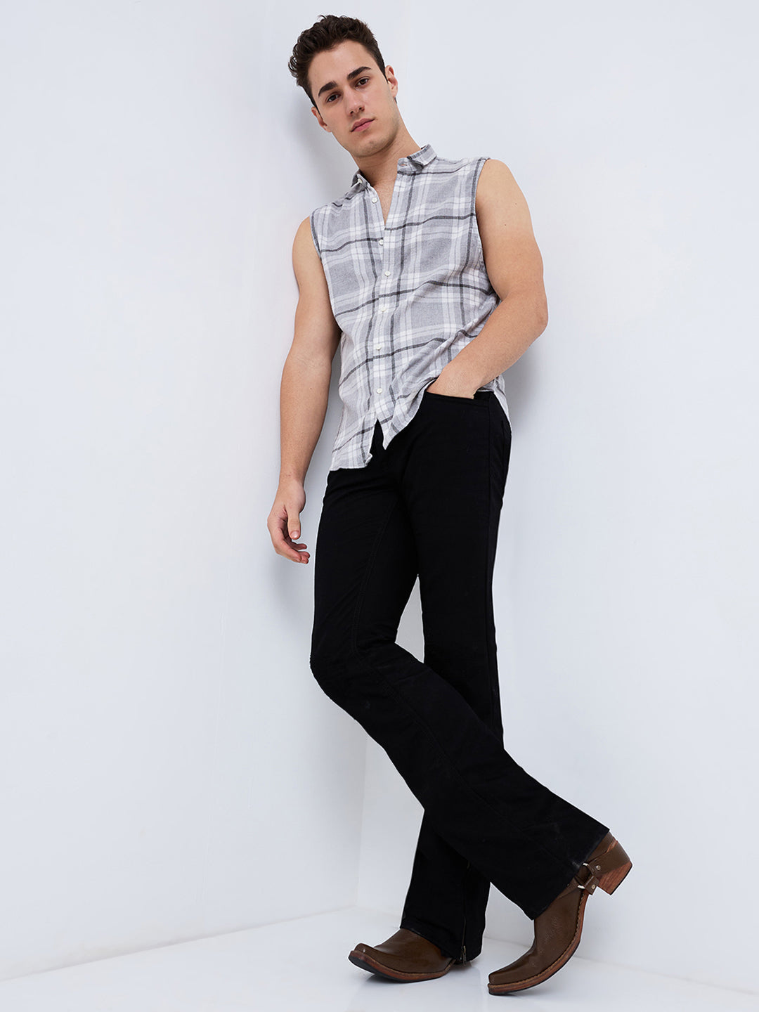 Men's Black Distress Bootcut Jeans with Zipper Bottom