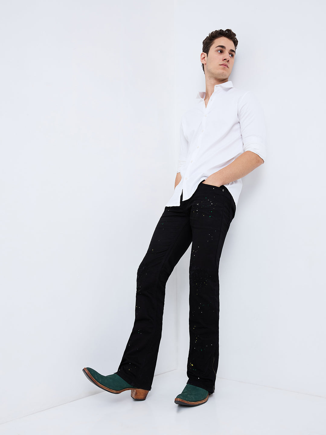 Men's Black Colour Splash Bootcut Jeans With Zipper Bottom