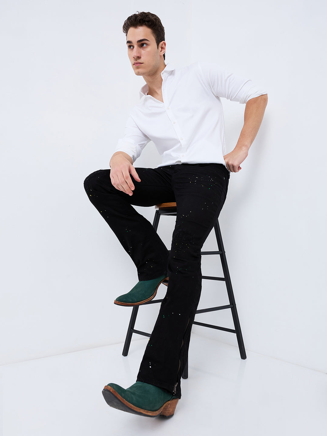 Men's Black Colour Splash Bootcut Jeans With Zipper Bottom